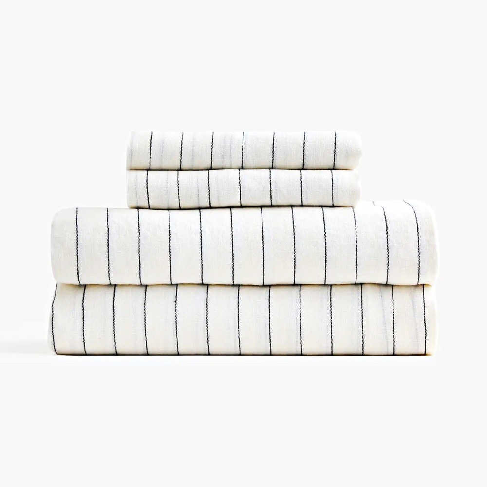 Quince NWT 100% European Linen Sheet Set 4 piece Full White in Pencil Stripe